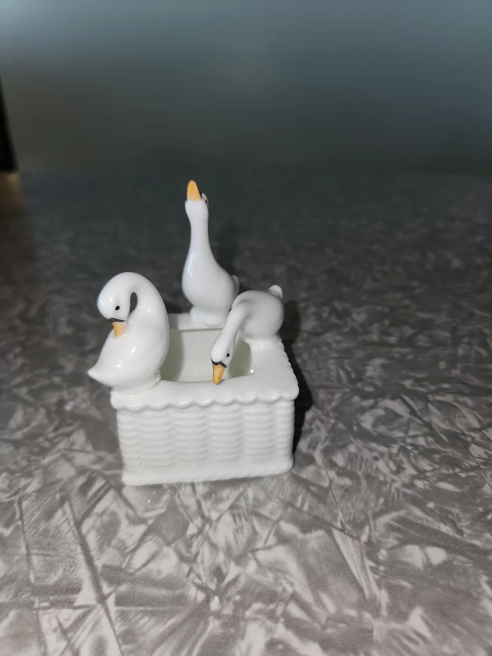White Ceramic Goose Trinket Holder with Three Decorative Geese